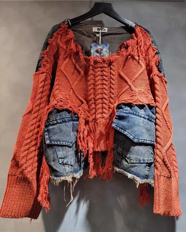 Retro Denim Patchwork Sweater Orange