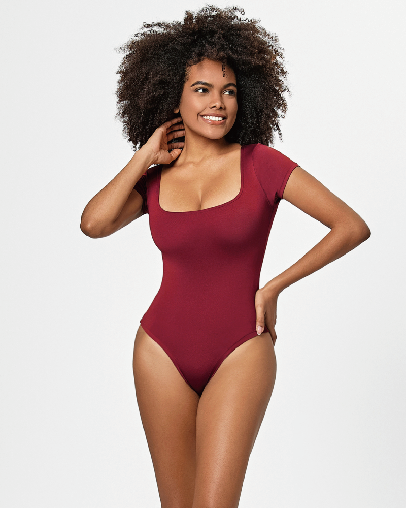 Square Neck Short Sleeve Bodysuit Red