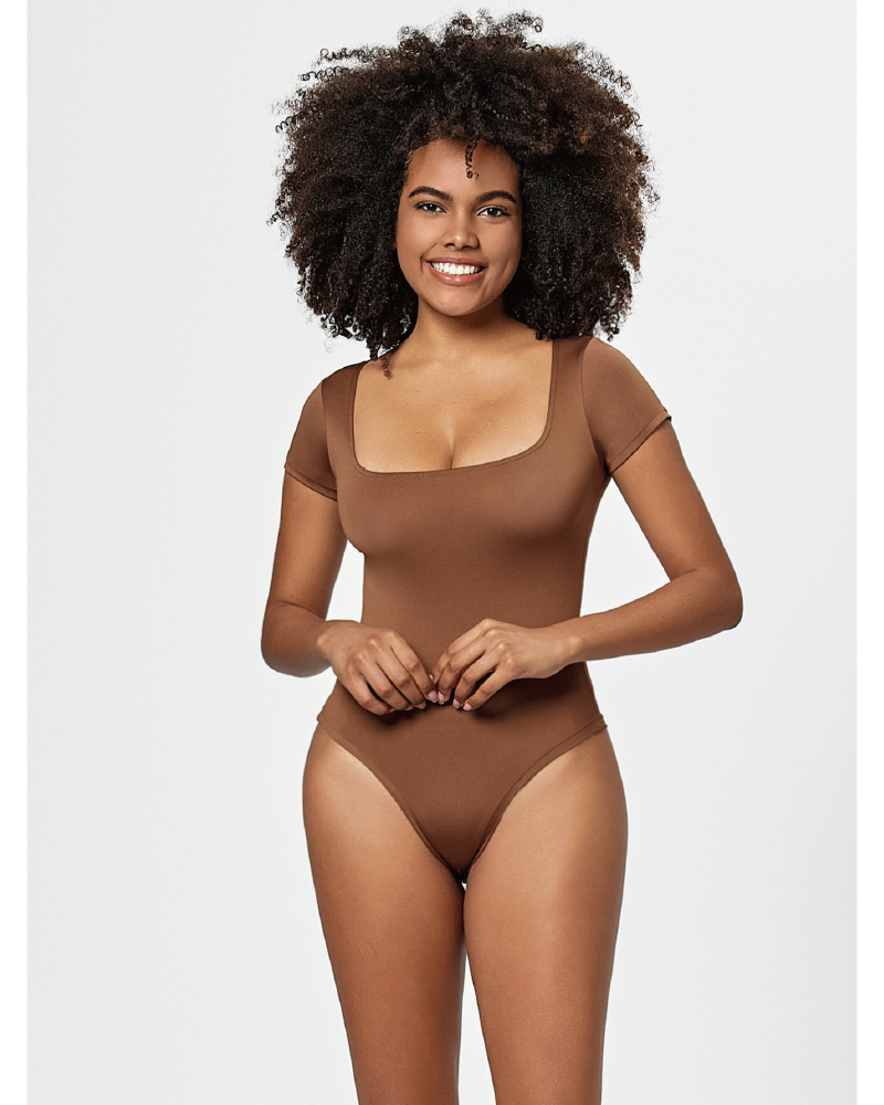 Square Neck Short Sleeve Bodysuit Brown