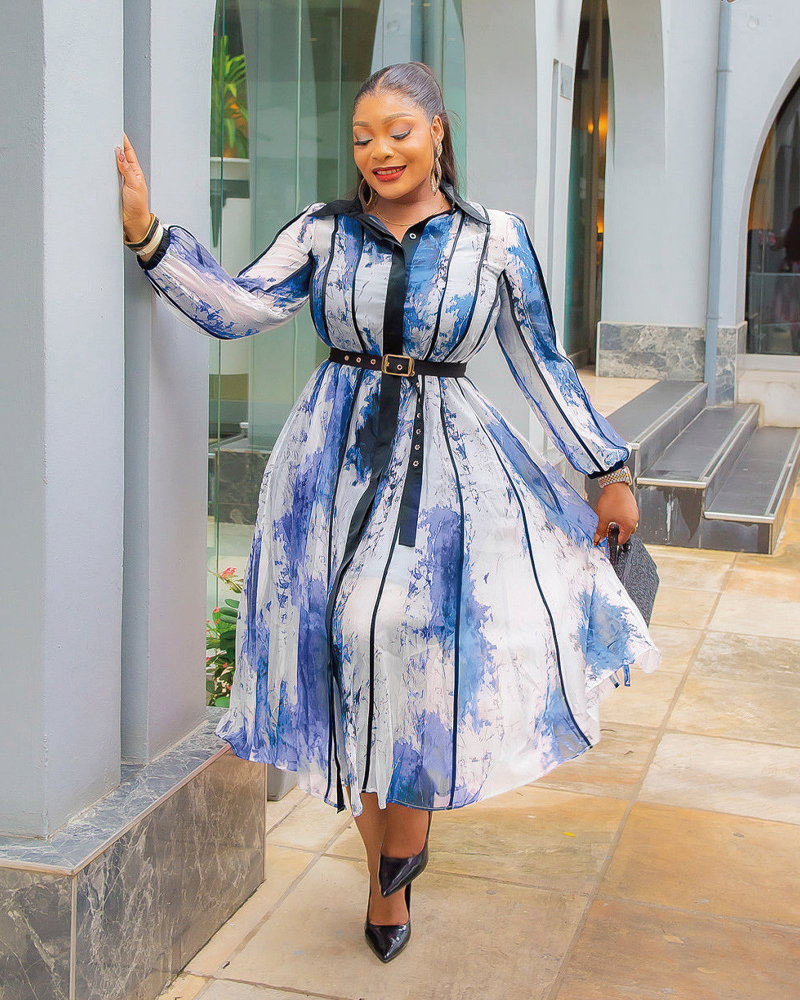 Vanessa Floral- Midi Shirt Dress with Belt Blue