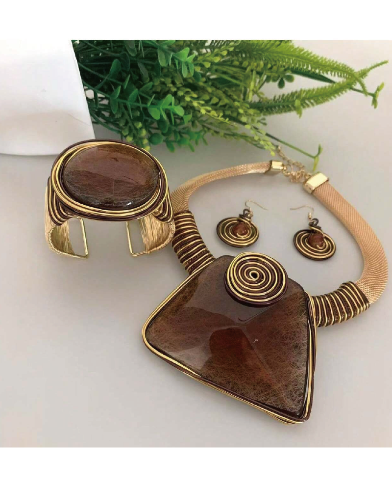 Metal Spiral Pointed Abstract Resin Pendant Statement Necklace Set Brown