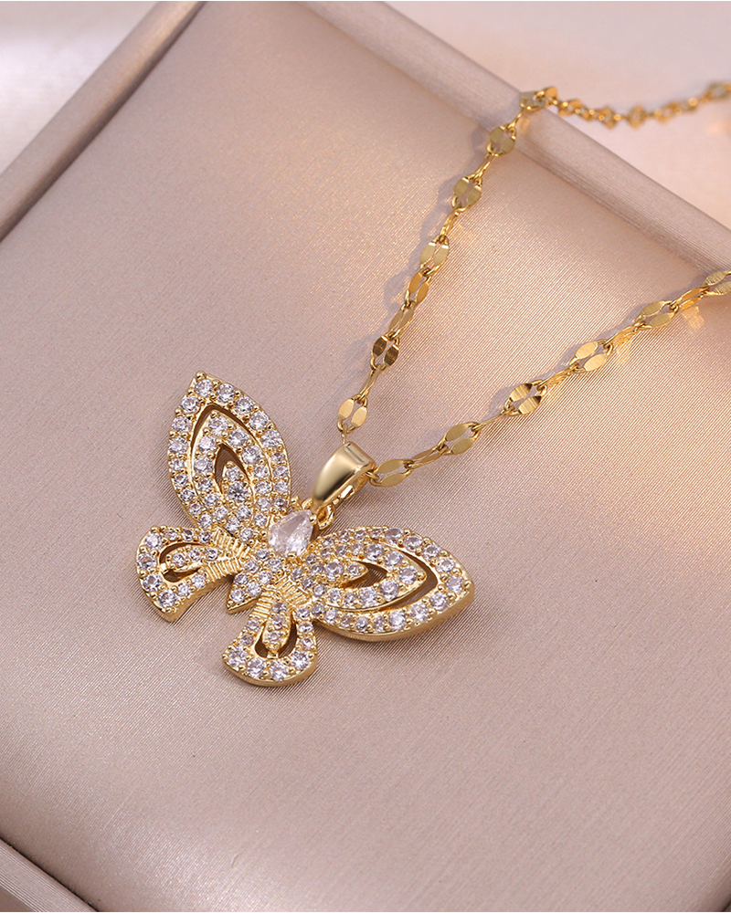 Rhinestone Butterfly Necklace Gold