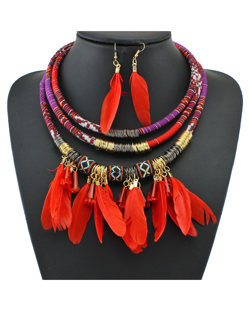Bohemian feather necklace Red