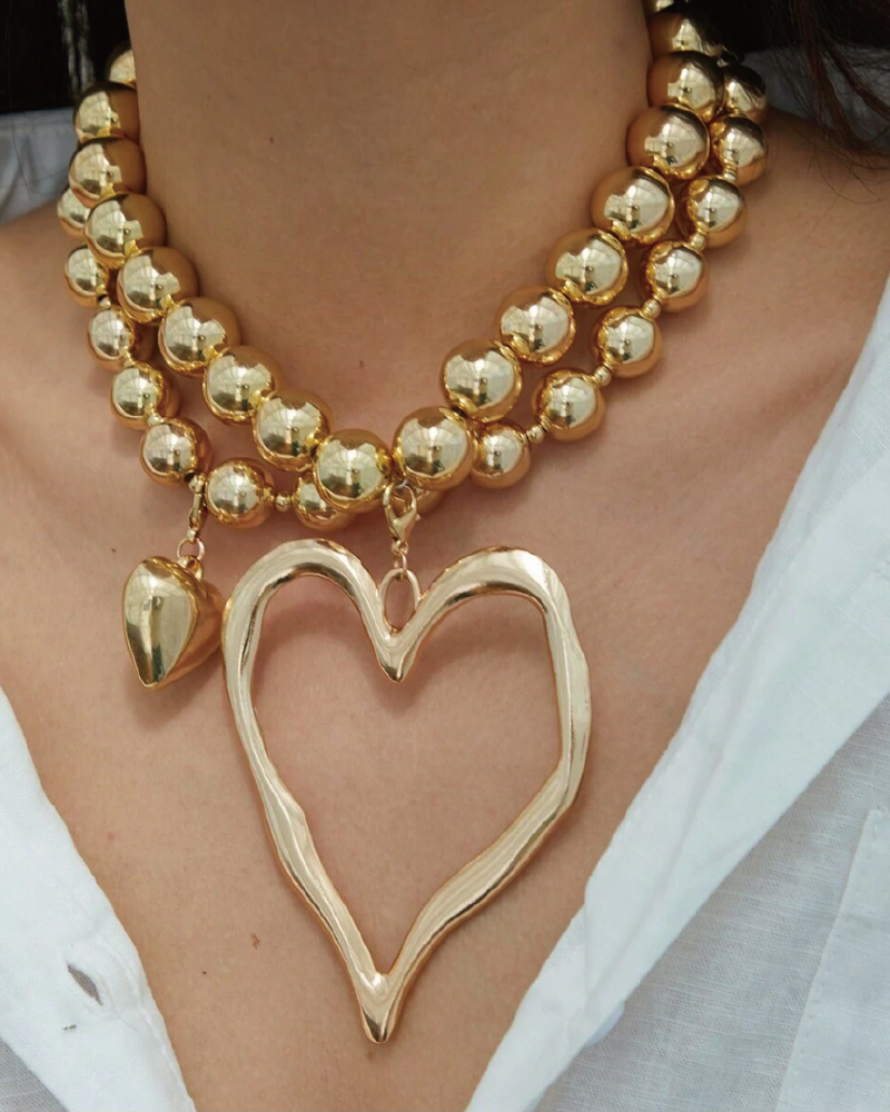 Beaded Heart Pendant Necklace Set Gold