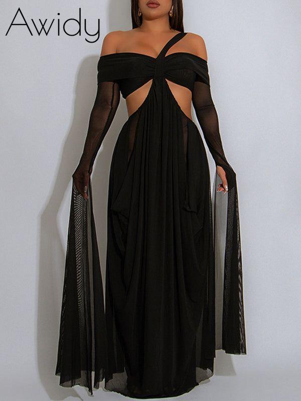 Off-Shoulder Cutout Sheer Dress – Awidy