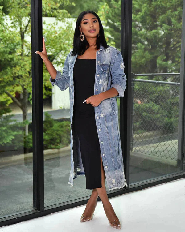 DISTRESSED LONG DENIM JACKET MID WASH DENIM BLUE
