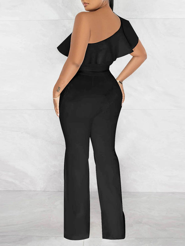 One-Shoulder-Jumpsuit mit Rüschen und Bindeband