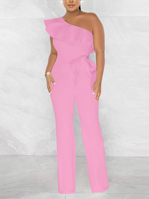 One-Shoulder-Jumpsuit mit Rüschen und Bindeband