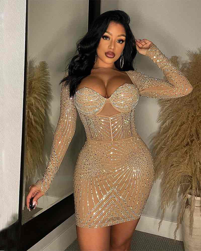 BEYPRERN MOCK NECK CRYSTAL MIDI DRESS Apricot