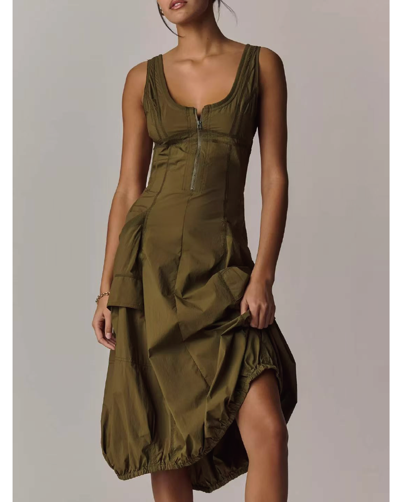 Bubble-hem Midi Dress Olive