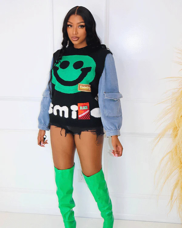 Smile For Me Denim Sweater Black One Size