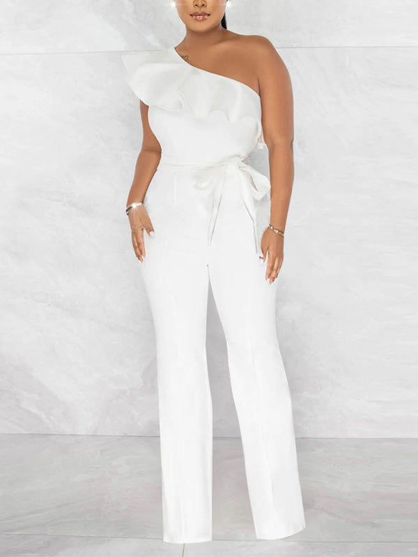 One-Shoulder-Jumpsuit mit Rüschen und Bindeband