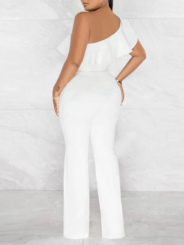 One-Shoulder-Jumpsuit mit Rüschen und Bindeband