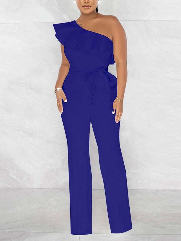One-Shoulder-Jumpsuit mit Rüschen und Bindeband