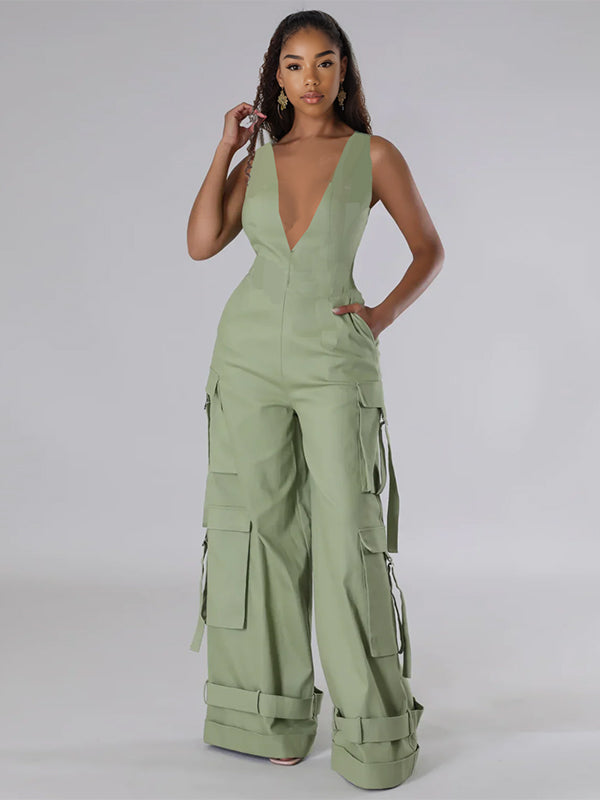 Ärmelloser Cargo-Jumpsuit mit V-Ausschnitt und weitem Bein – Ausverkauf