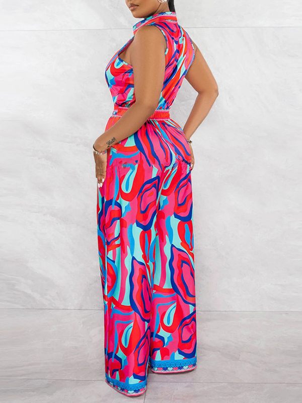 Bedruckter ärmelloser Jumpsuit mit Bindeband – Ausverkauf