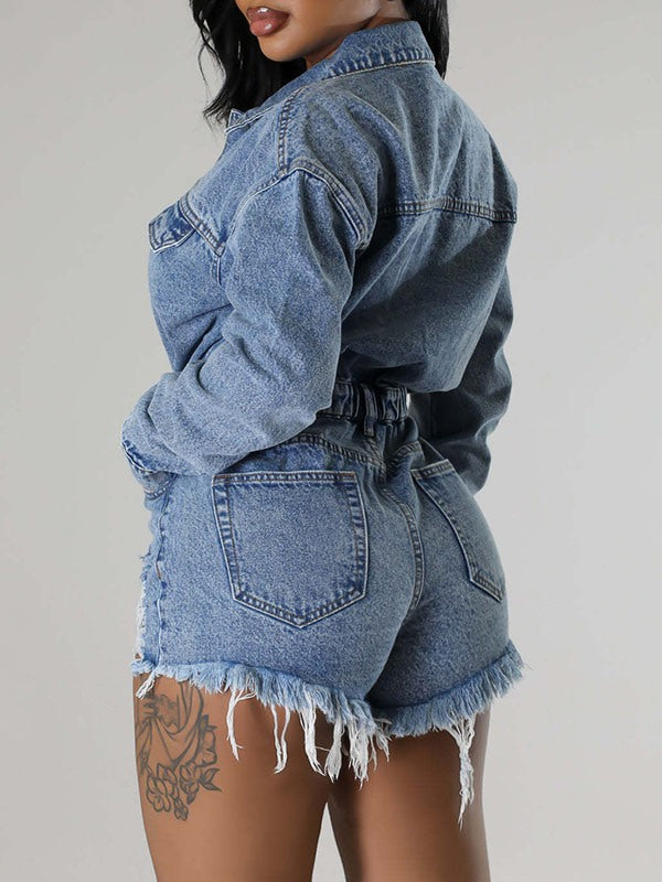 Jeans-Strampler im Used-Look mit Druckknöpfen vorne