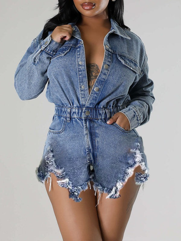 Jeans-Strampler im Used-Look mit Druckknöpfen vorne