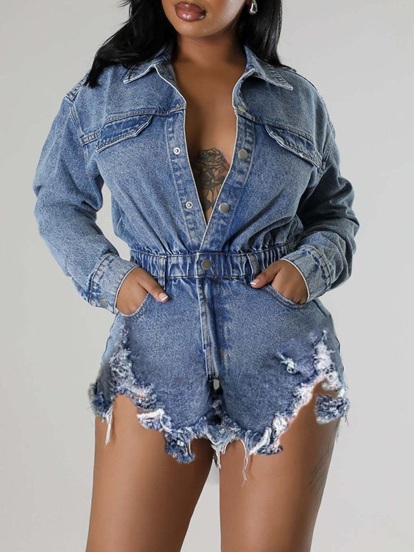 Jeans-Strampler im Used-Look mit Druckknöpfen vorne
