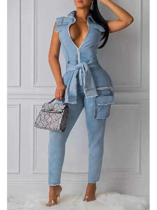 Ärmelloser Jeans-Jumpsuit mit Reißverschluss vorne