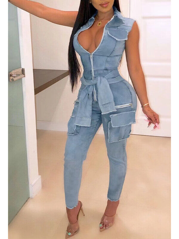 Ärmelloser Jeans-Jumpsuit mit Reißverschluss vorne