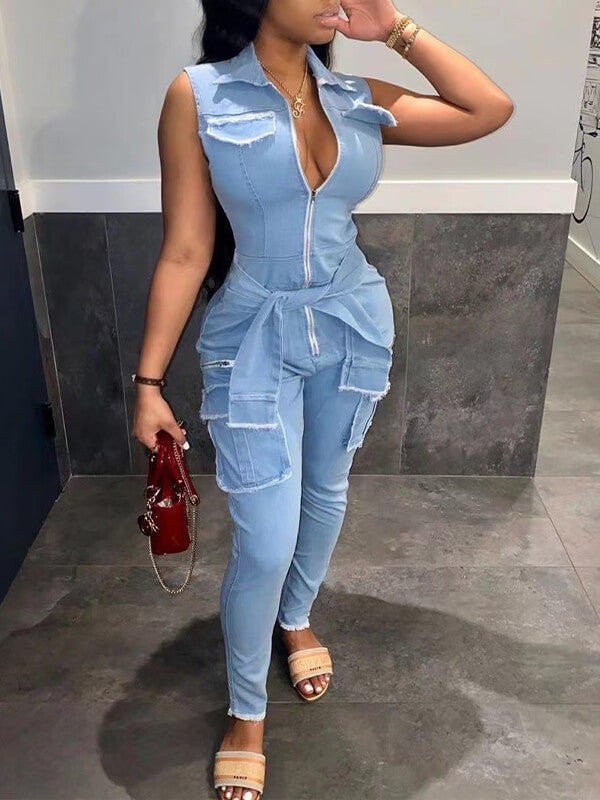 Ärmelloser Jeans-Jumpsuit mit Reißverschluss vorne