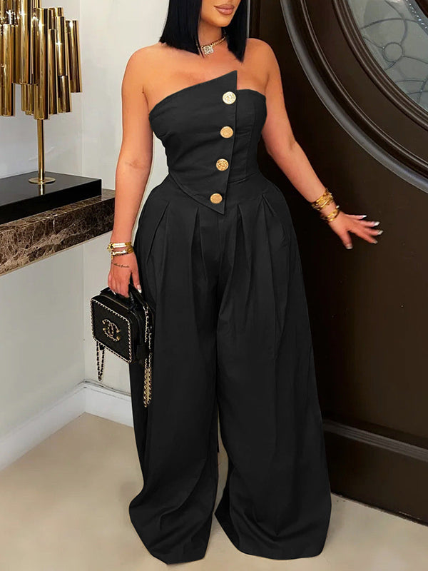 Indiebeautie – Trägerloser Jumpsuit mit weitem Bein und Knopfleiste