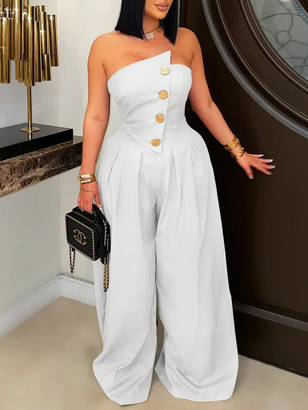 Indiebeautie – Trägerloser Jumpsuit mit weitem Bein und Knopfleiste