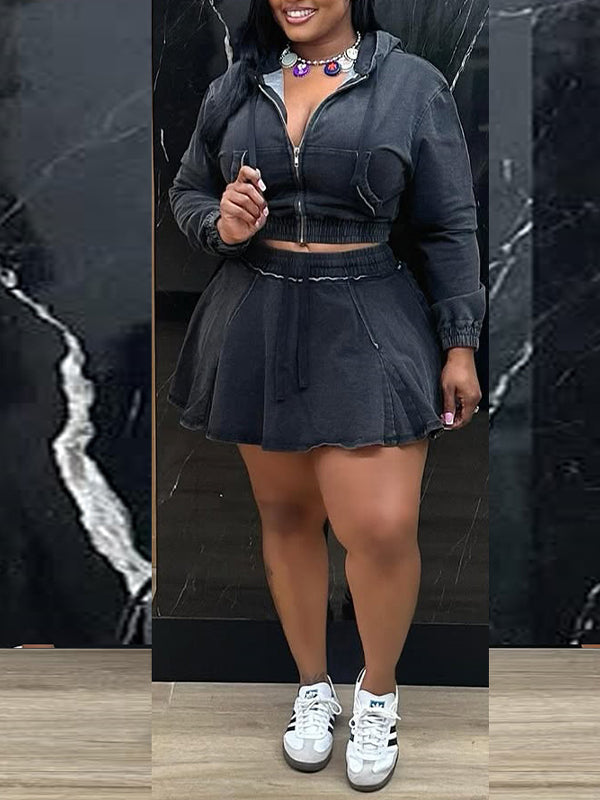 Ensemble sweat à capuche zippé et jupe en jean Indiebeautie
