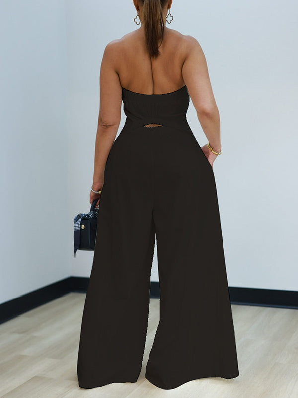 Einfarbiger trägerloser Jumpsuit mit weitem Bein