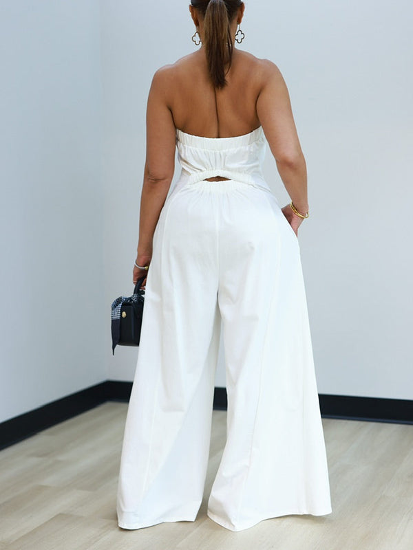 Einfarbiger trägerloser Jumpsuit mit weitem Bein