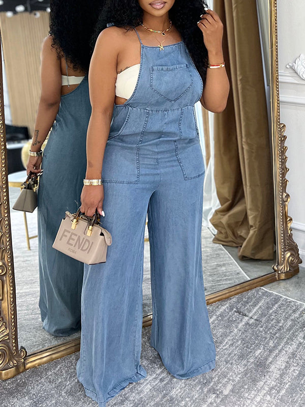 Denim-Camisole-Jumpsuit mit weitem Bein