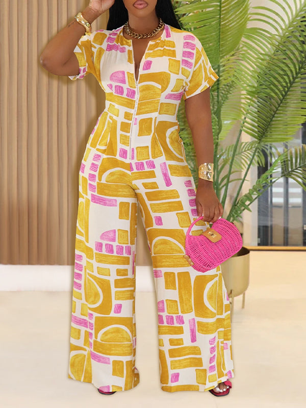Bedruckter Jumpsuit mit weitem Bein und Reißverschluss vorne
