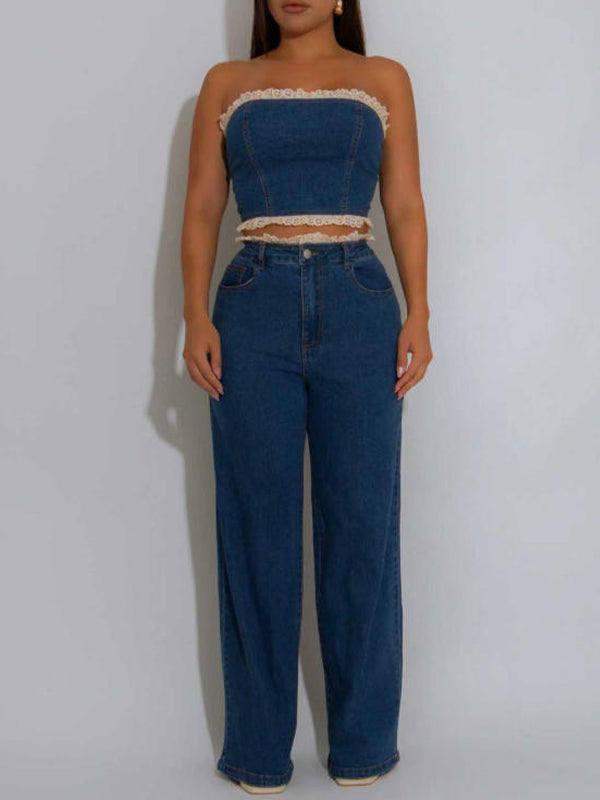 Set aus Jeans-Tube-Top und Hose mit Rüschen