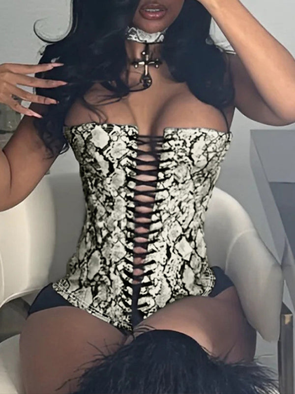 Haut corset à lacets en similicuir imprimé