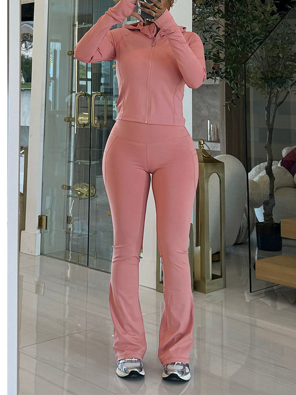 Ensemble sweat à capuche zippé uni et pantalon évasé