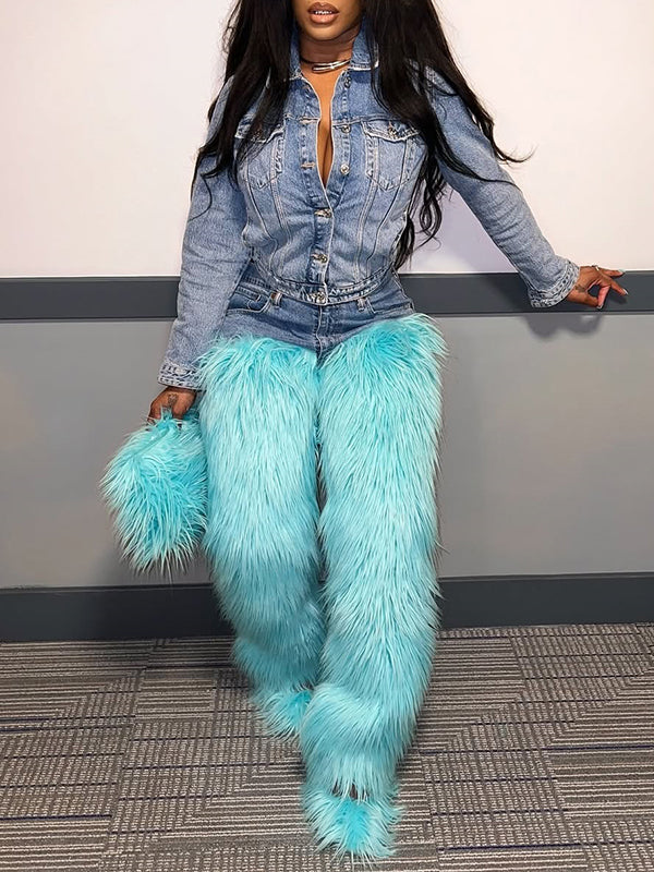 Denim-Combo Faux-Fur Pants