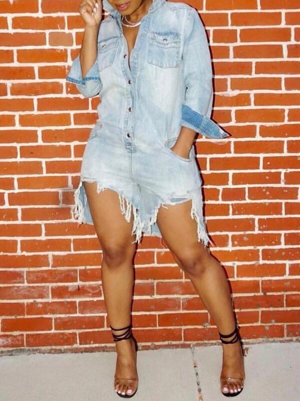 Indiebeautie Distressed Button-Front Denim Romper