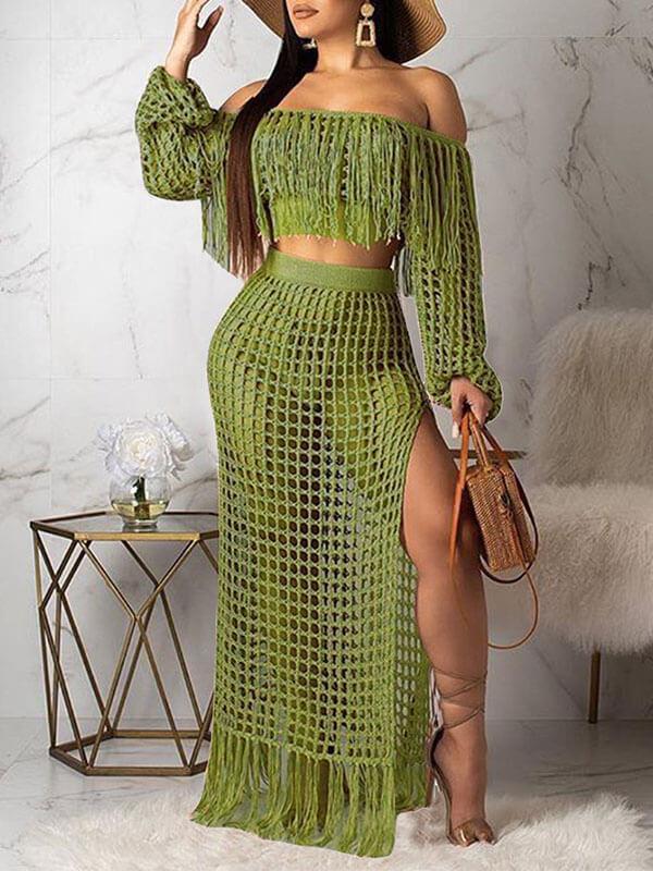 Ensemble haut court et jupe à pompons en maille Indiebeautie