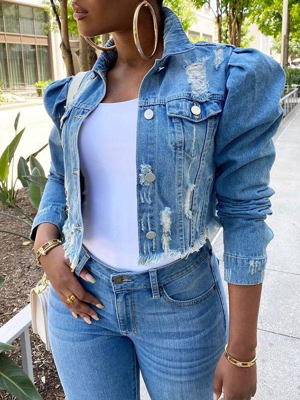 Veste en jean à manches bouffantes effet vieilli Indiebeautie
