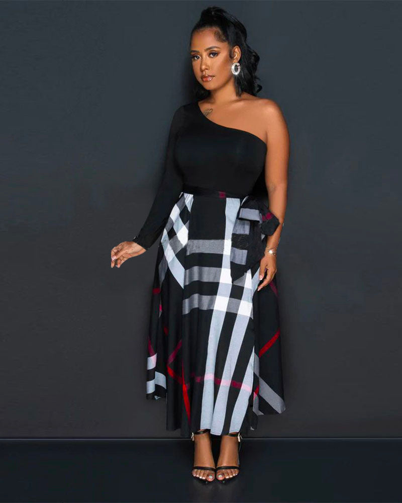 One Shoulder Plaid Skirt Midi Dress Black