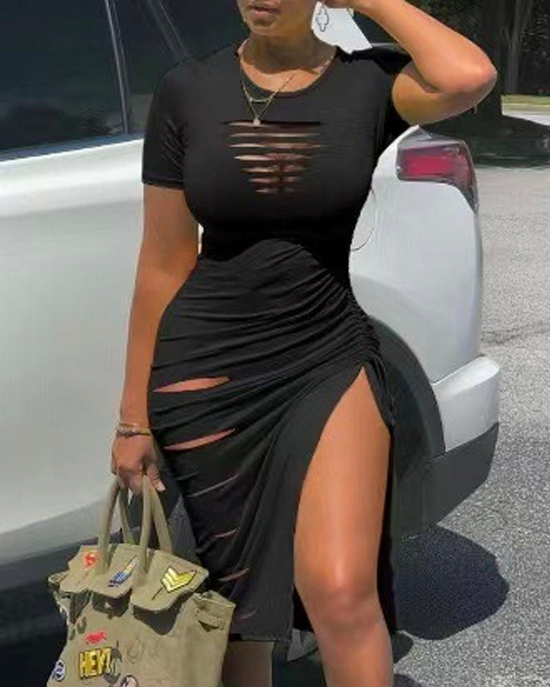 Ruched Cutout Midi Dress Black