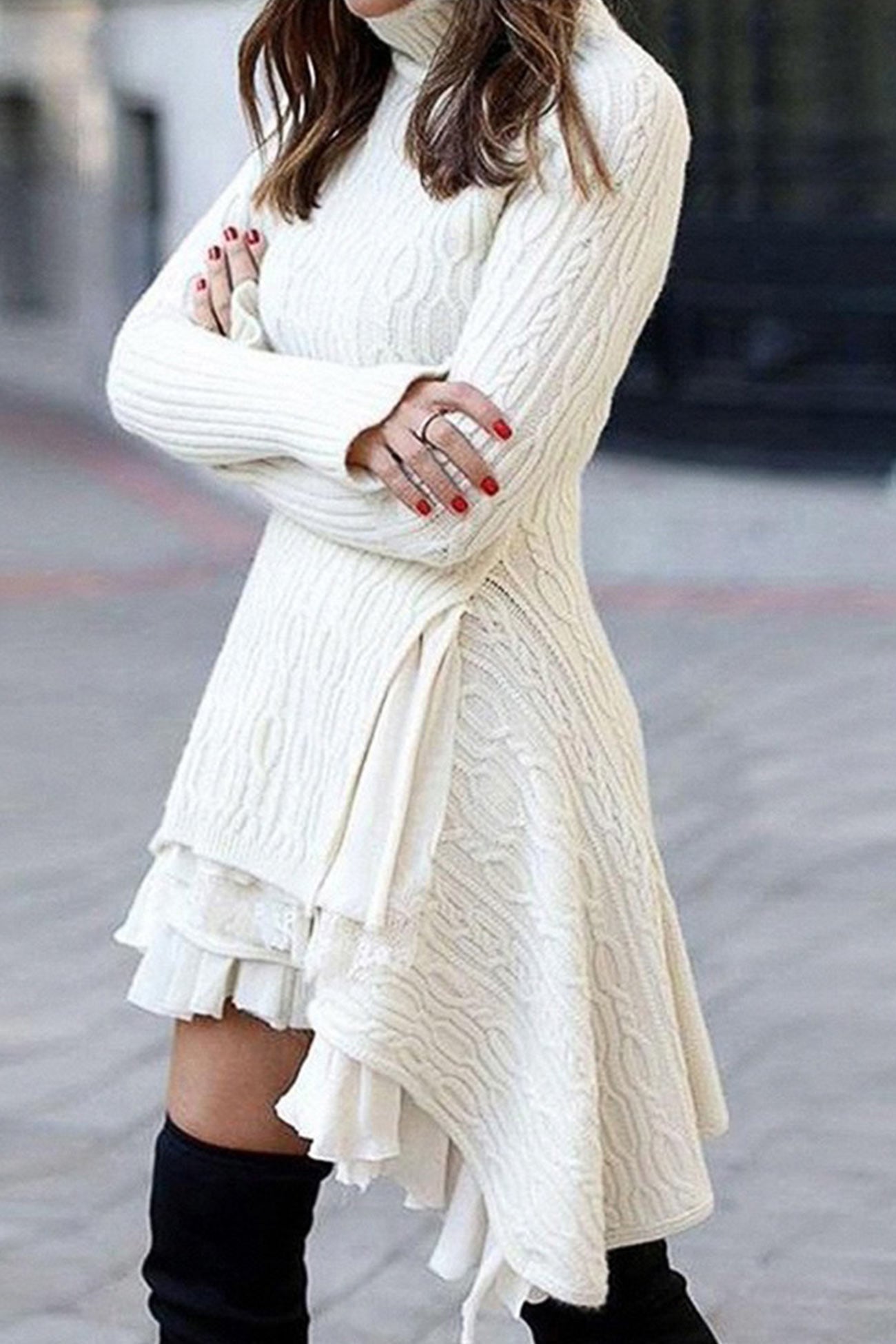 white turtleneck mini dress Cable Knit Ruffled – Awidy Dress Size:26 The perfect mini dress Formal Gown Second Hand 80s party dress