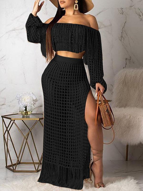 Ensemble haut court et jupe à pompons en maille Indiebeautie