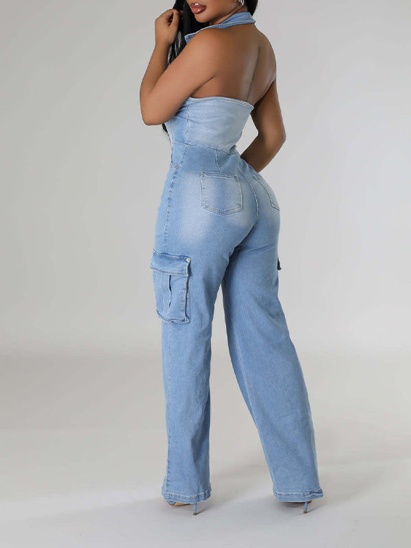 Neckholder-Jeans-Jumpsuit mit Knopfleiste vorne
