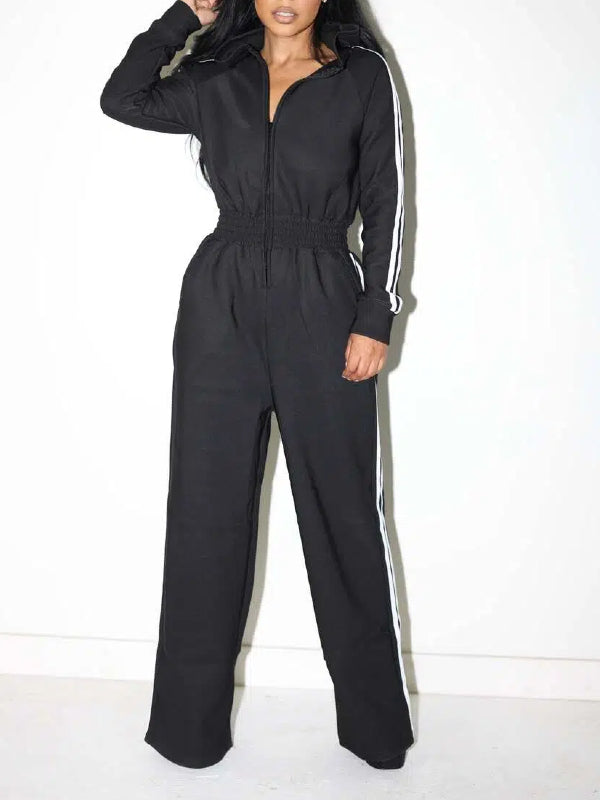 Side-Stripe Zip-Front Hoodie Jumpsuit