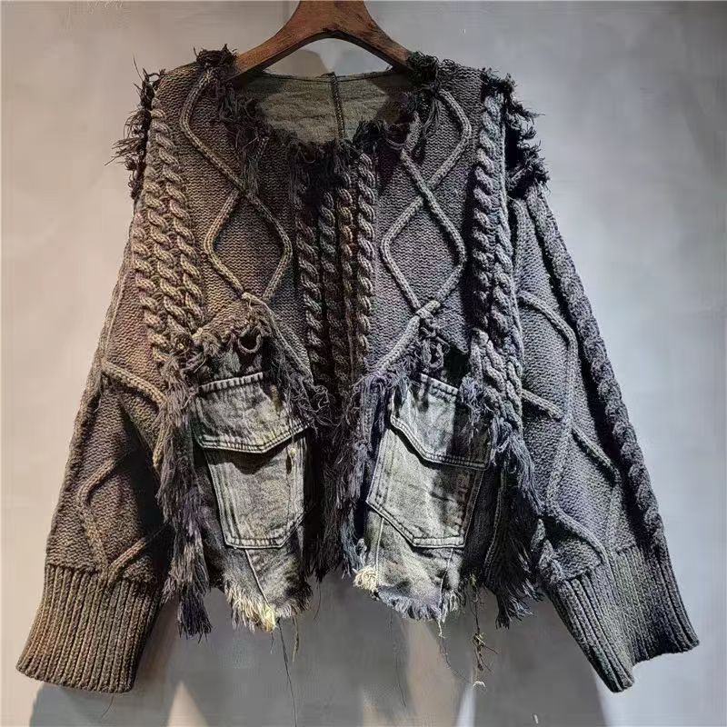 Retro Denim Patchwork Sweater Black