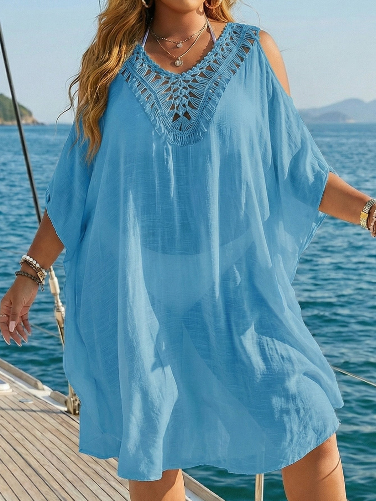 Plus Size Crocheted Patchwork Low Back Lace-Up Loose Beach Cover-Up Dress