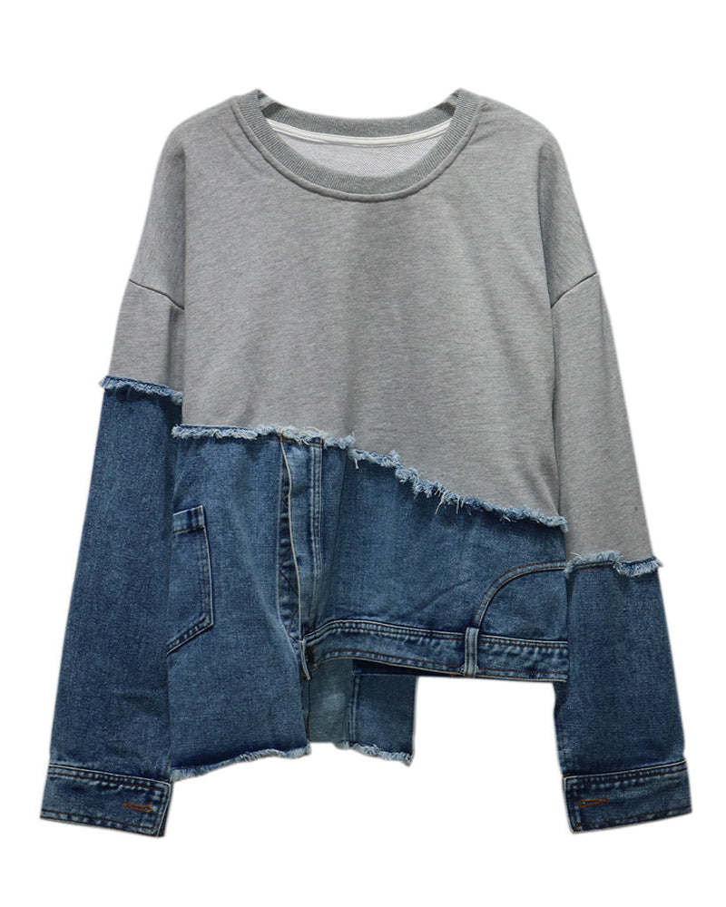 Asymmetrical Denim Patchwork Top Grey