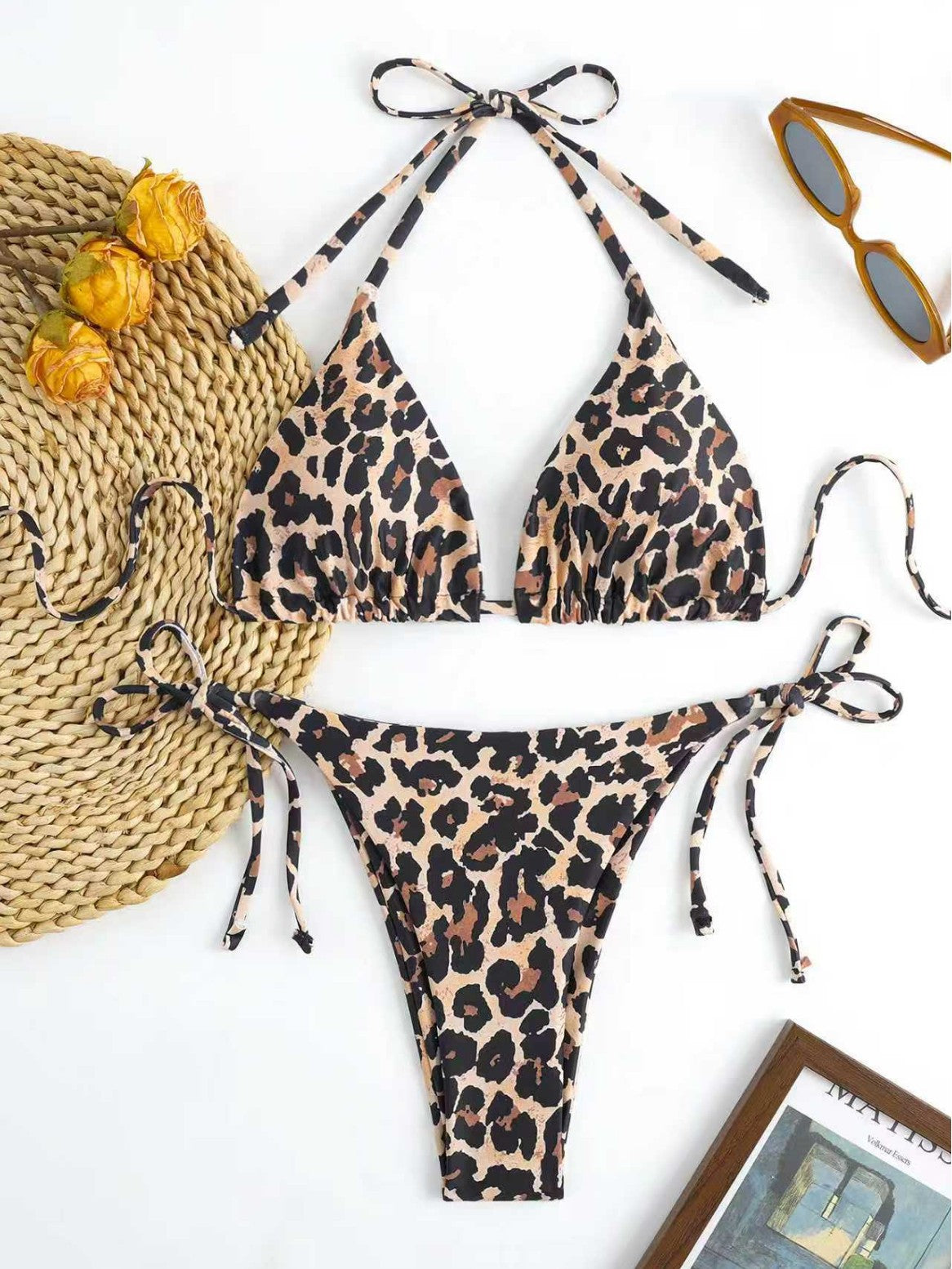 Leopard Print Triangle Cup Lace-Up Bikini Swimsuit Set